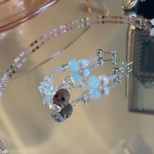 Wooden Skull + Pearl + Herkimer Diamond + Blue & Pale Lavender Beaded Earrings